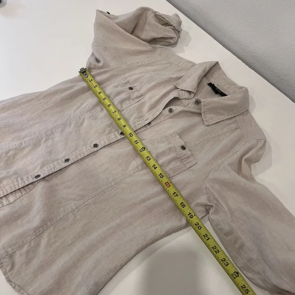 Women’s Linen Tan Button Up Shirt Tab Sleeve Size 12 Resort Vacation Coastal - Picture 6 of 7